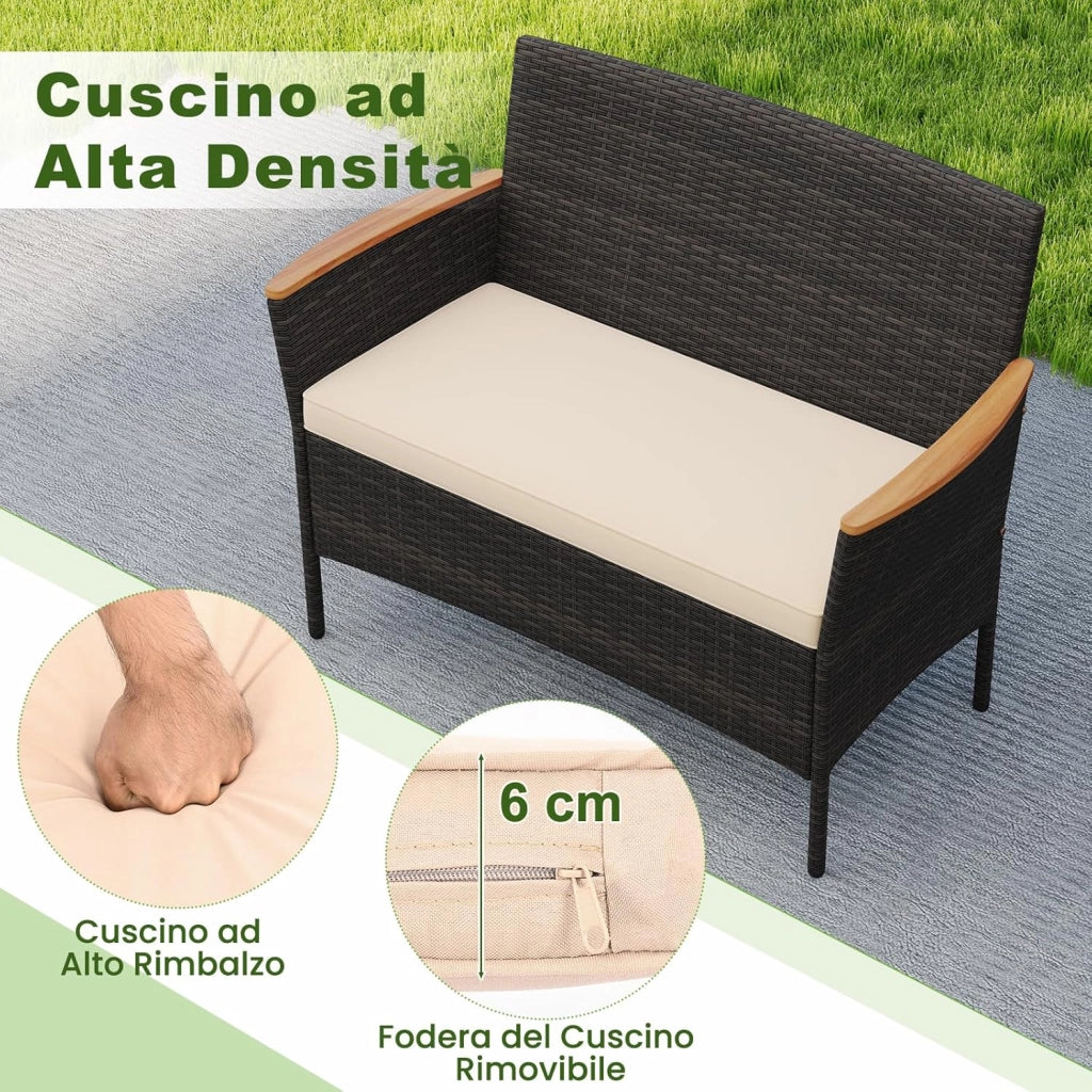 Salotto da Giardino Esterno 4 Pezzi in Rattan, Set da Conversazione da Esterno con 1 Tavolino Basso, 1 Divanetto e 2 Sedie, Cuscini Sfoderabili, per Patio, Balcone, Piscina