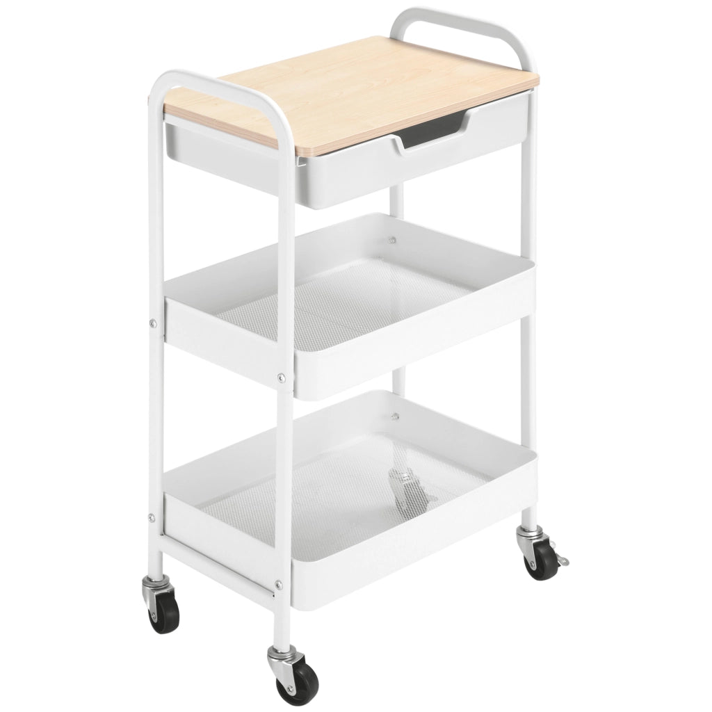 Carrello da cucina con ripiani e cassetto ¨C Zephmum ¨C Bianco, effetto legno chiaro, acciaio