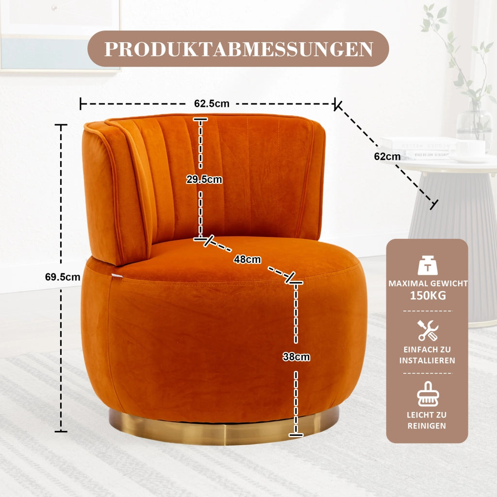 poltrona girevole 360Â° con schienale ergonomico e seduta imbottita in velluto arancione 62;5 Ã— 62 Ã— 69;5 cm