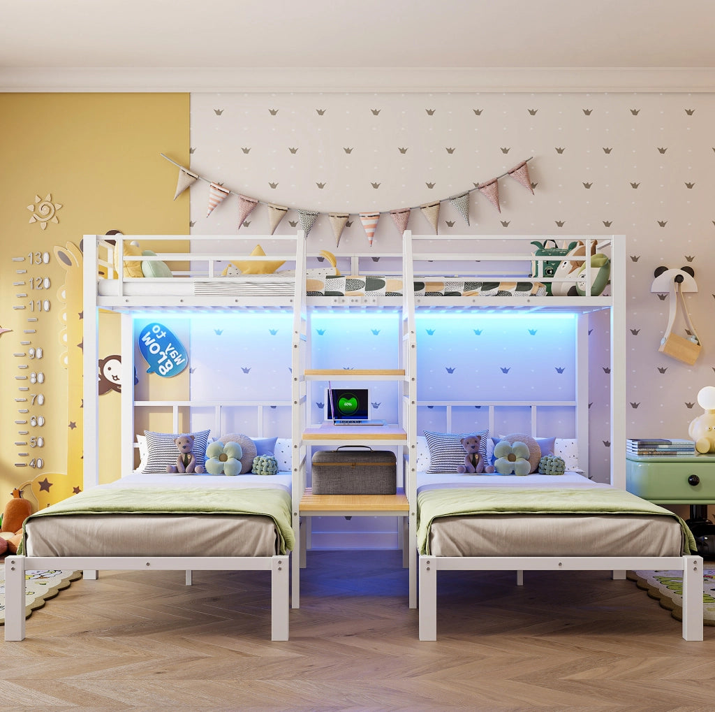 Letto a castello 90x200 cm con scrivania, LED, USB e spazio contenitivo
