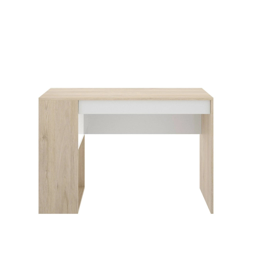 Scrivania Arianella, Scrittoio multiuso da ufficio o cameretta, Tavolo da studio lineare con scaffali, 115x50h74 cm, Rovere e Bianco