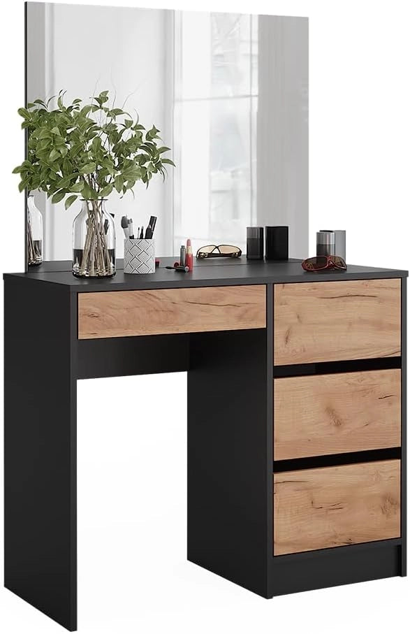Tavolo da toilette Sherry, Antracite/quercia dorata, 90 cm con specchio, con grande specchio per la cura quotidiana e la creazione di acconciature