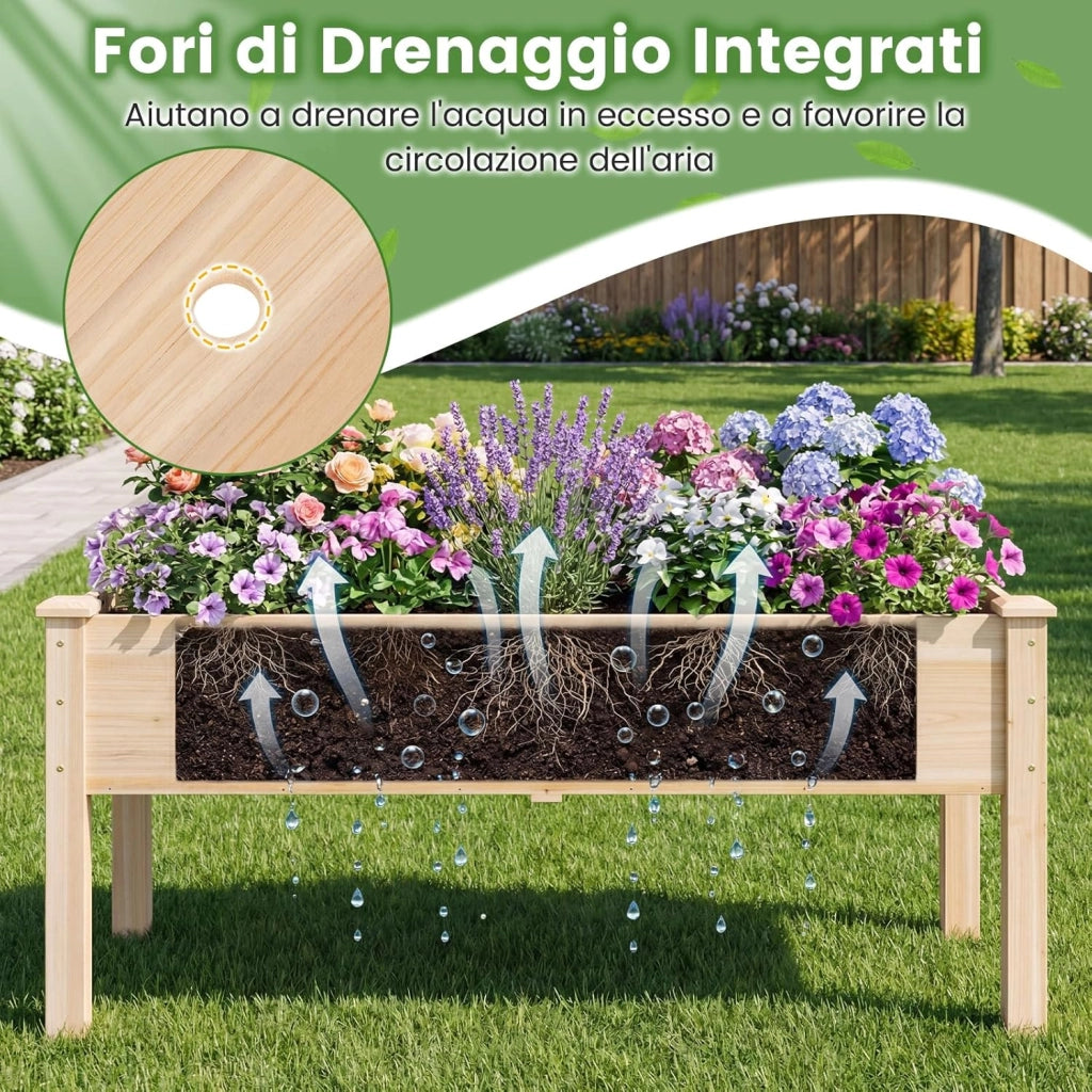 Letto da Giardino Rialzato con Gambe, Fioriera Elevata in Legno di Abete per Verdure, Fiori e Erbe, Aiuola Rialzata da Esterno ed Interno per Balcone, Giardino e Patio (1)