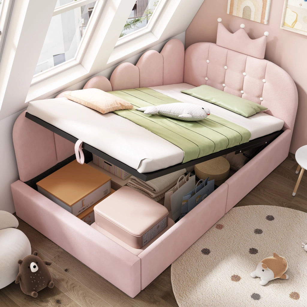 Letto a giorno 90x190 cm con contenitore; velluto rosa; lato reversibile