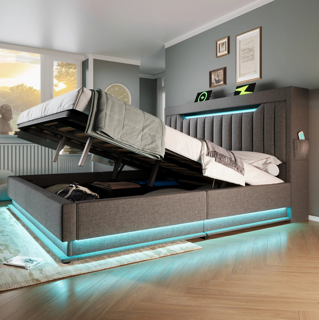Letto matrimoniale 180x200 cm con LED, USB e vano contenitore