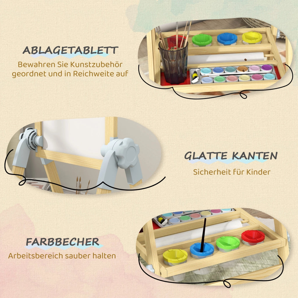 Cavalletto Doppia Faccia per Bambini ¨C Minimal ¨C Legno Naturale, Bianco e Grigio, Regolabile in Altezza, con Rotolo di Carta e Ripiano