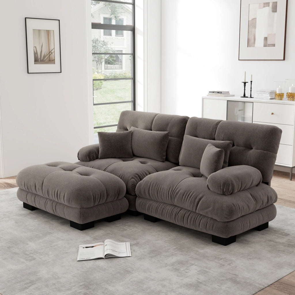 Divano modulare in chenille con ottomani mobili; marrone