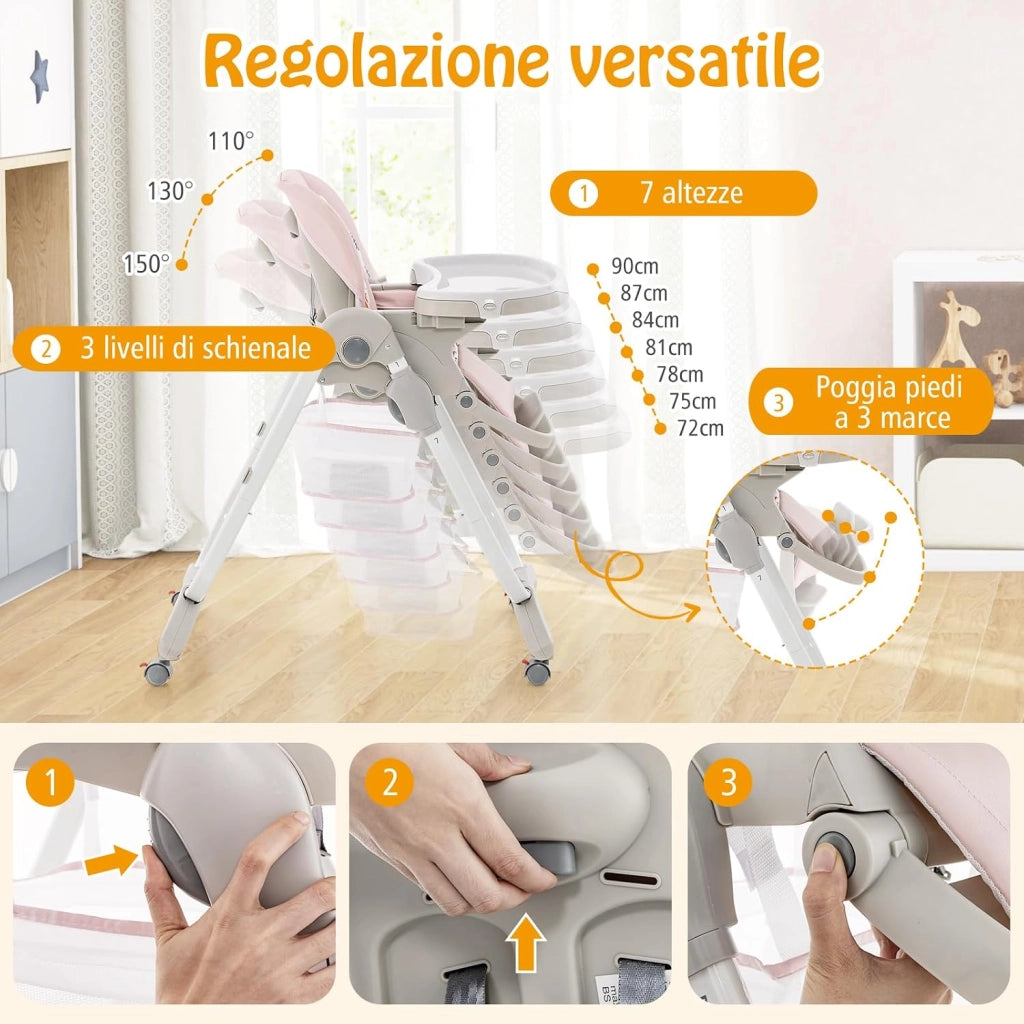 Seggiolone Pappa Bambini Pieghevole, Altezza Regolabile (Rosa) | Seggiolone Multifunzione con 4 Ruote, Poggiapiedi e Schienale, Vassoio Rimovibile, per 6-36 Mesi, Fino a 15 kg