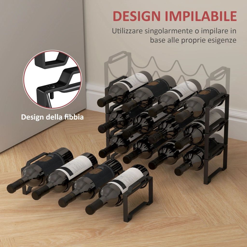Portabottiglie a 4 Livelli a Onda 42.5x16,5x41 cm Impilabili per 16 Bottiglie in Metallo Nero