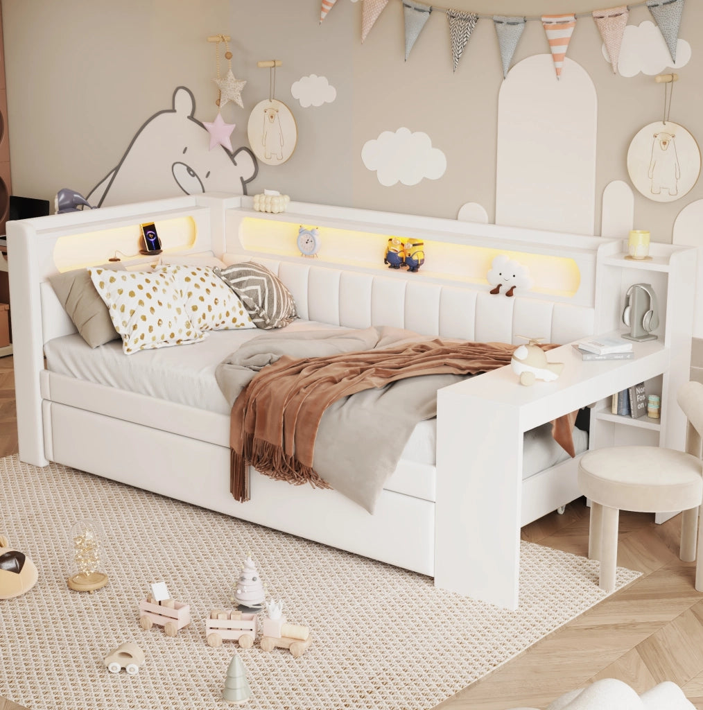 Letto 90x200 cm con letto estraibile; LED e USB in MDF; compensato e imbottito bianco