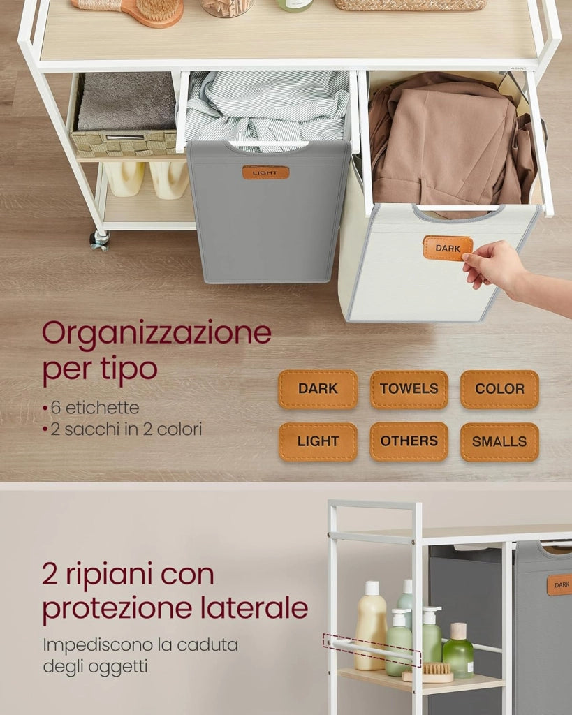 VASAGLE Cesto Portabiancheria a 2 Scomparti, Porta Biancheria 100 L, Carrello per Biancheria, con Ripiani, Sacchi Rimovibili, 6 Etichette, Beige Naturale, Grigio Tortora e Bianco Crema BLH311G01