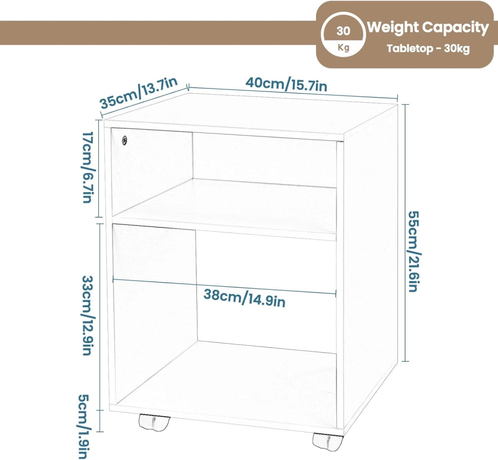Set di 2 Comodino Tavolino con Ruote, Mobile Porta Stampante con 2 Scomparti Aperti, Comodino Bianco per Camera da Letto, Salotto, Ufficio, in Legno, 40x35x55cm, 0008CTG-2