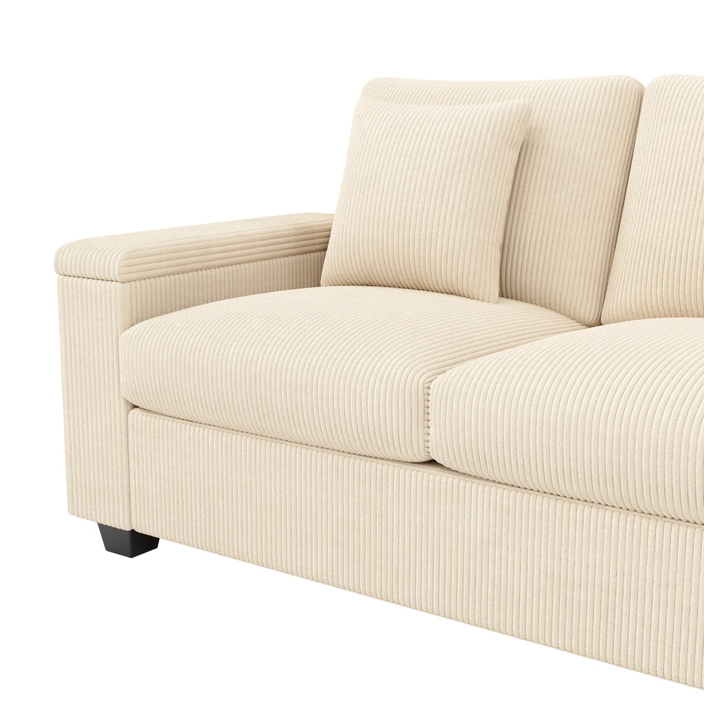 Divano 4 posti in velluto a coste con USB e USB-C bracciolo pieghevole vano contenitore beige 299 × 80 × 82,7 cm
