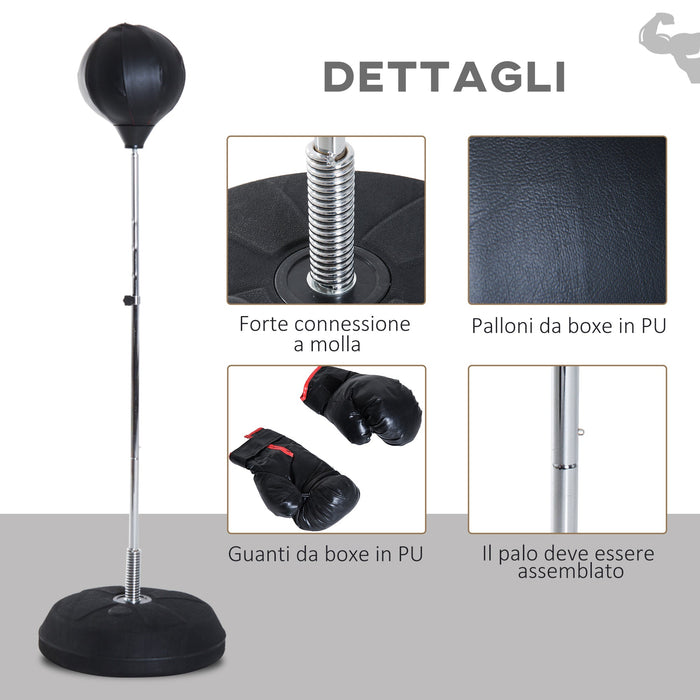 Punching Ball Sacco Boxe da Terra Altezza Regolabile 126-144 cm con Guantoni Nero