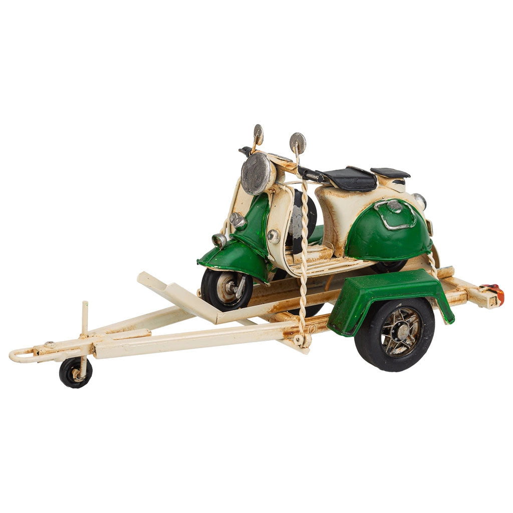 Rimorchio auto con moto in metallo verde 41x9x9,5h
