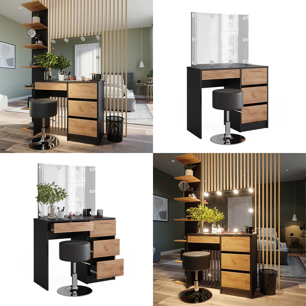 Vicco Tavolo da toilette Antracite/quercia dorata 90 x 75 cm con specchio, illuminazione LED e sgabello