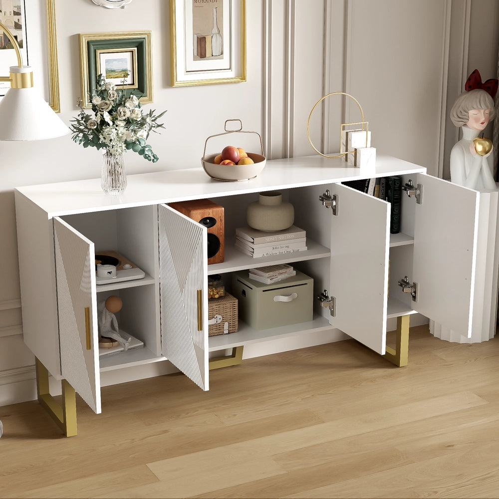 Buffet lussuoso a 4 ante - Xylo - Porte texture lucide maniglie dorate scaffali regolabili in altezza Bianco