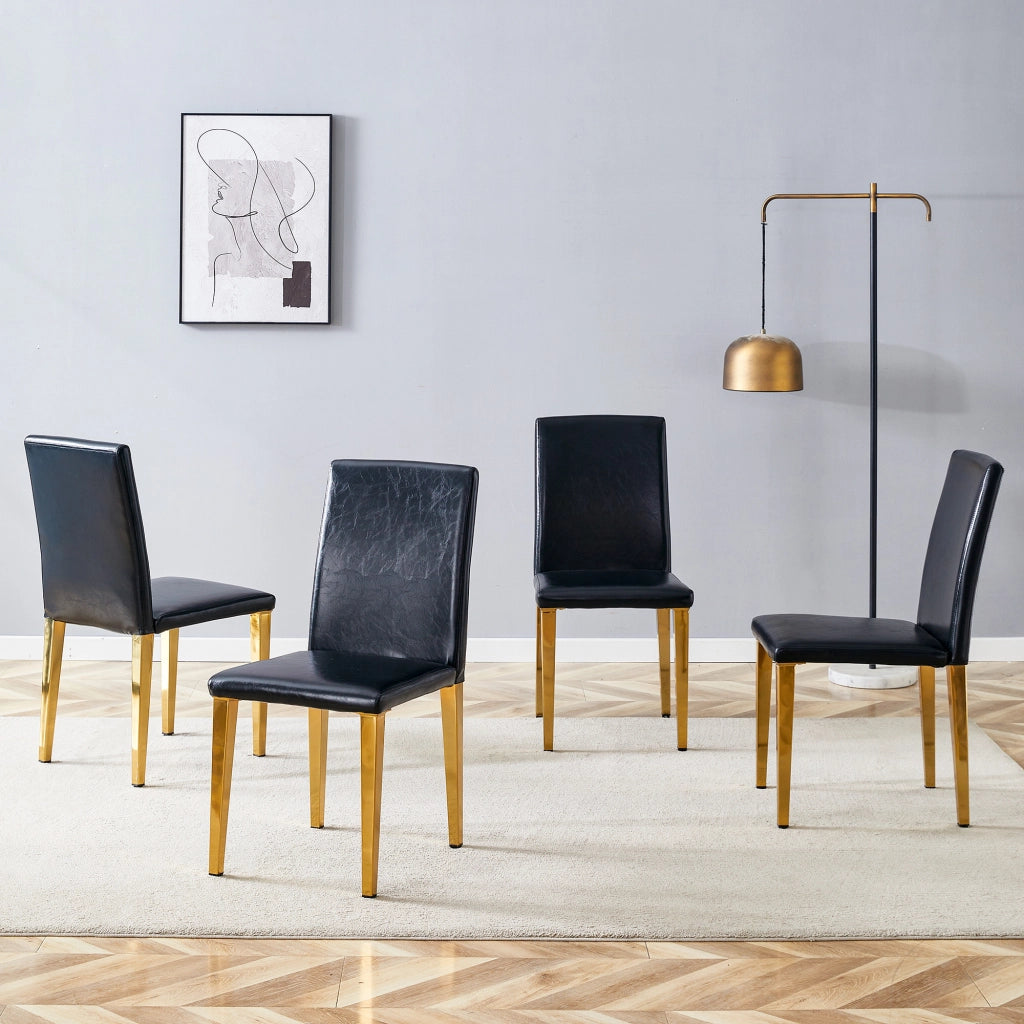 Set di 4 Sedie da Pranzo con Schienale Ergonomico in PU Nero e Metallo Oro