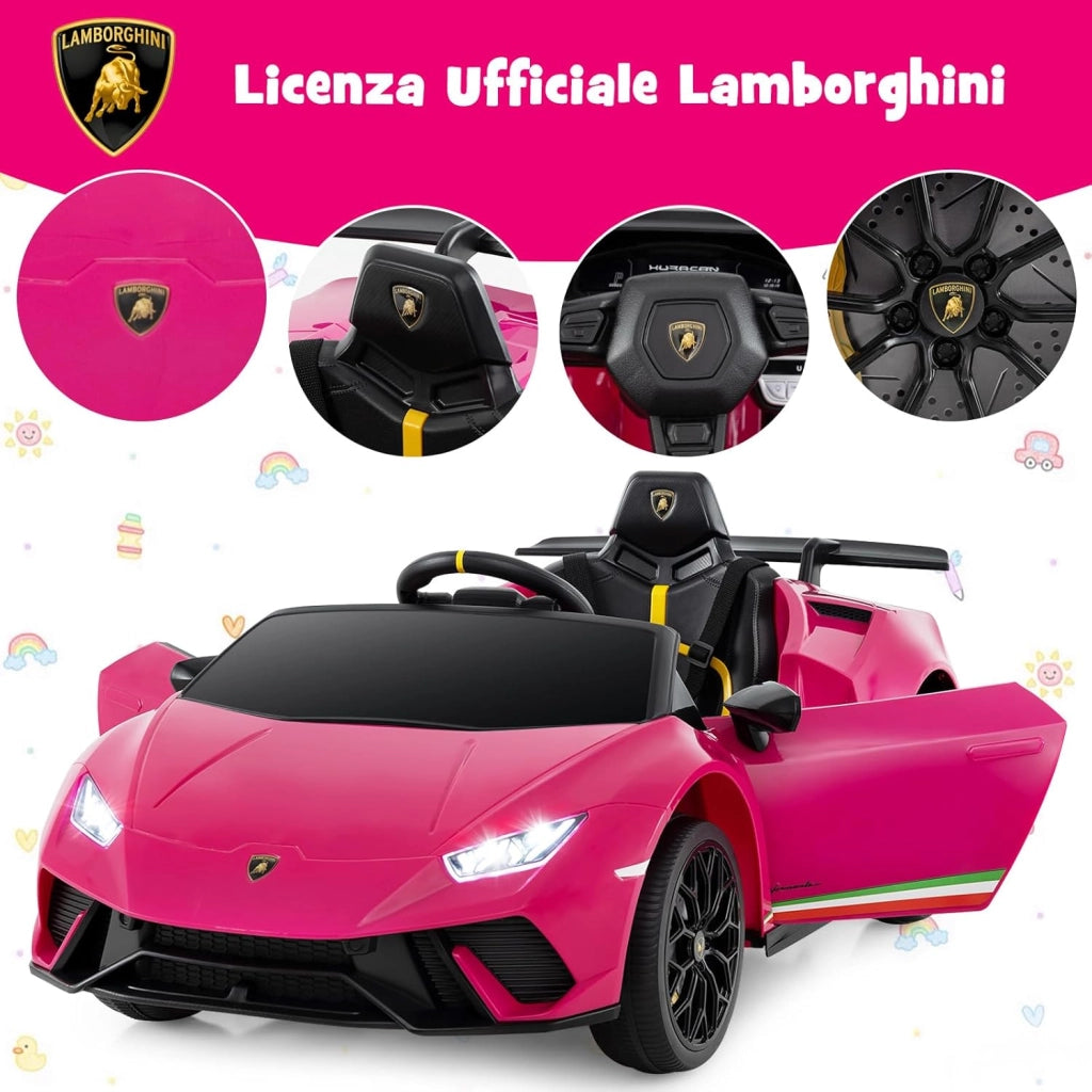 12V Lamborghini Auto Elettrica per Bambini, Macchina Elettrica Cavalcabile con Telecomando, Luci LED Musica e Funzione di Avvio Lento, 3-5 Km/h, per Bambini 3 Anni+ (Rosa)