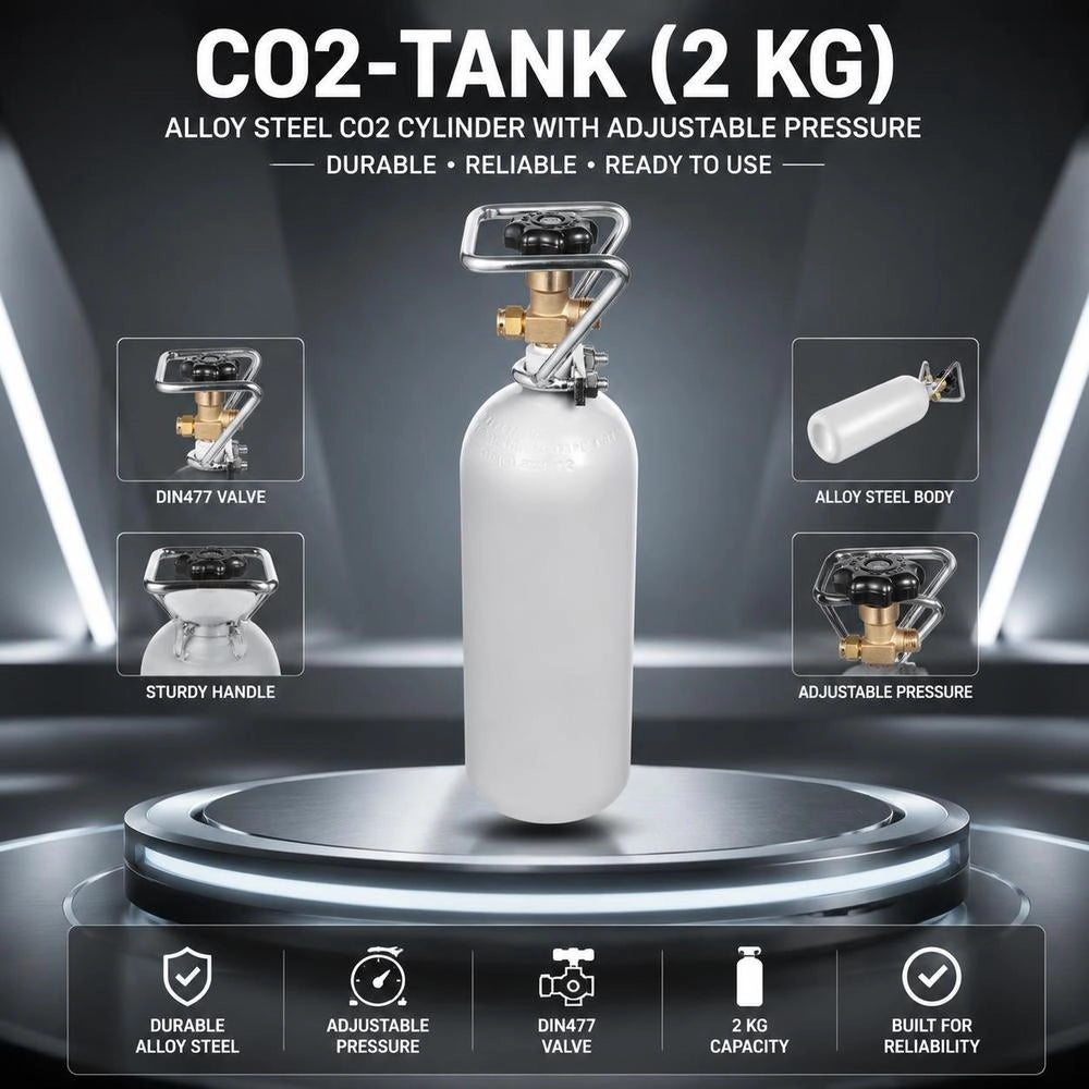 CO2 Tank (2 Kg) CO2 Bottle Made Of Alloy Steel, CO2 Air Tank With Grey Spray Coating, DIN477 Valve, Handle And Adjustable Pressure, TÜV-tested Gas Cylinder For Dispensing Draft Beer
