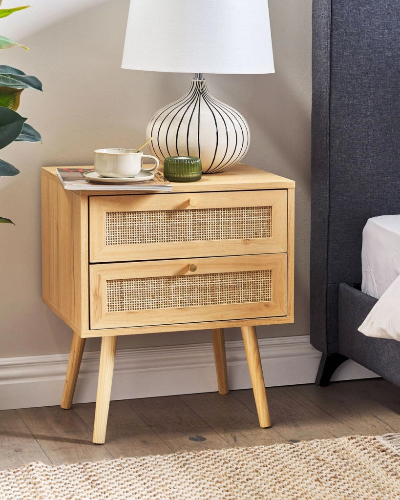 Comodino in rattan marrone chiaro con 2 cassetti in stile boho minimalista camera da letto