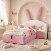 Letto singolo per bambini 90x190 cm in velluto beige e rosa con contenitore idraulico e comodino