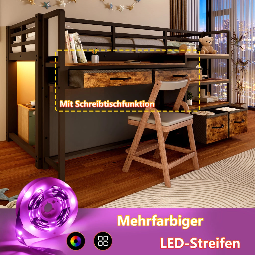 Letto a soppalco 90 × 200 cm con scrivania ripiani cassetti in tessuto e LED multicolore in metallo e MDF nero