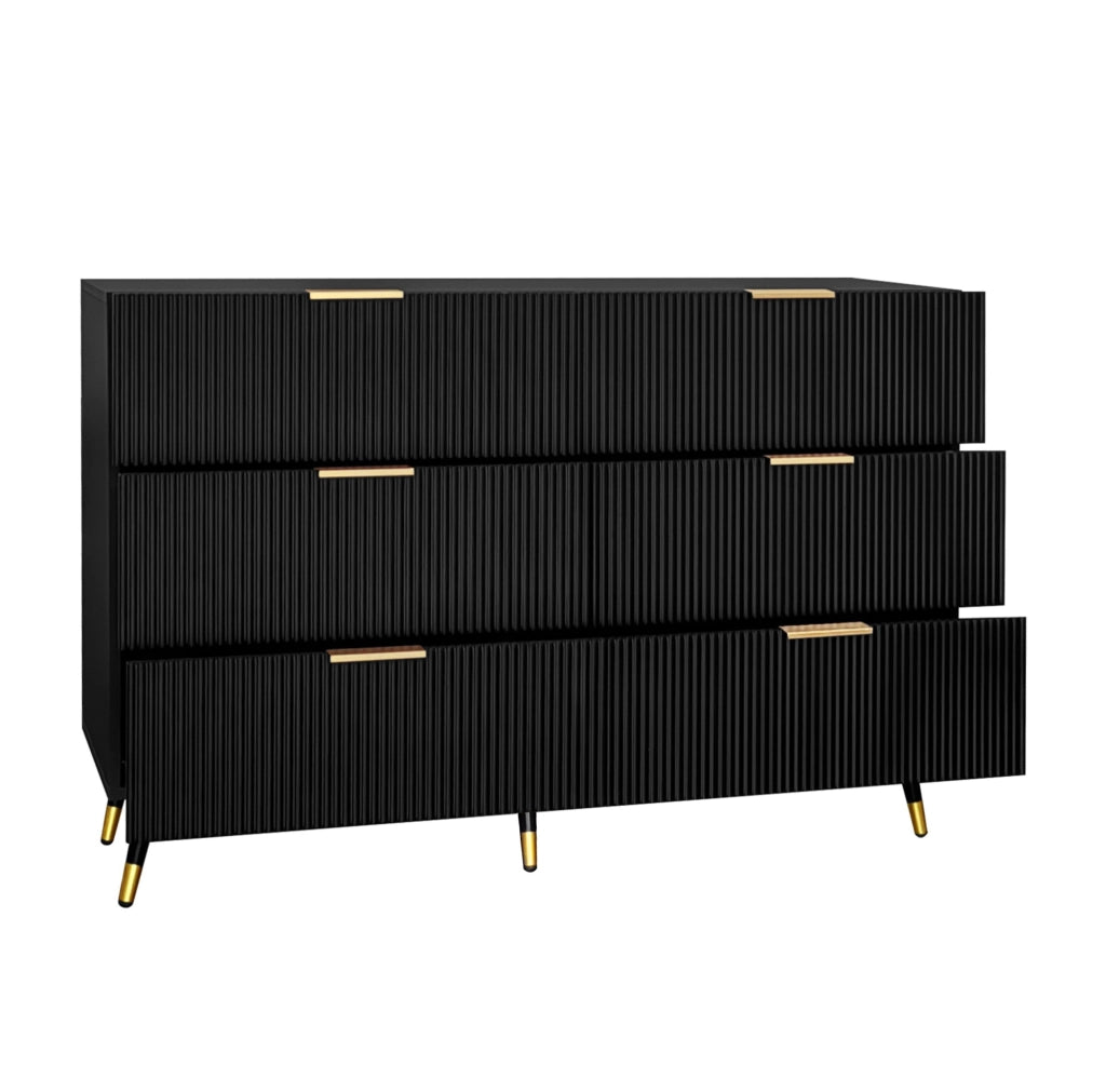 Sideboard in legno nero con finiture oro, 120x77x40 cm, 6 cassetti, design moderno