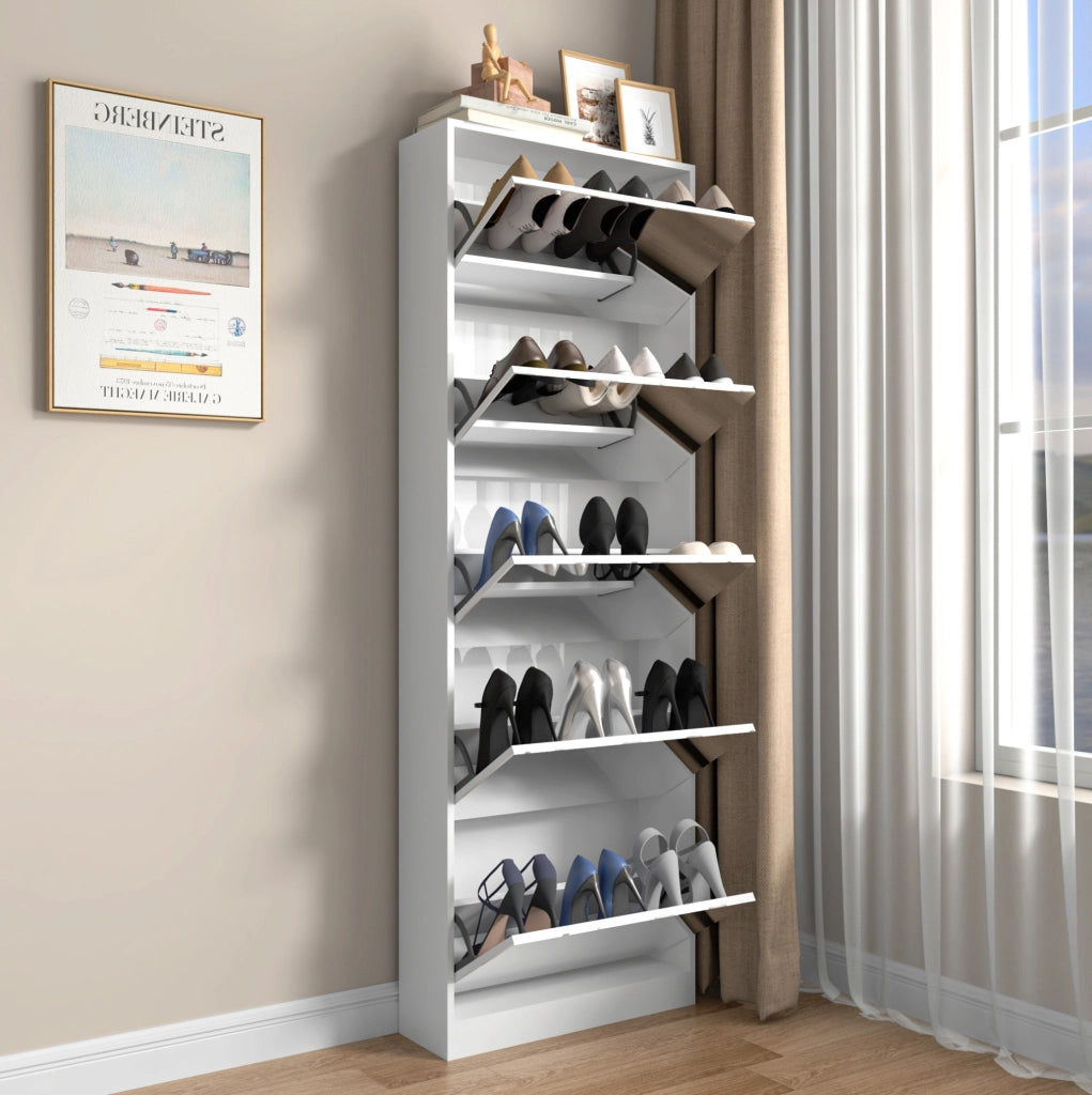 Scarpiera sottile con specchio a figura intera 185 cm in MDF bianco