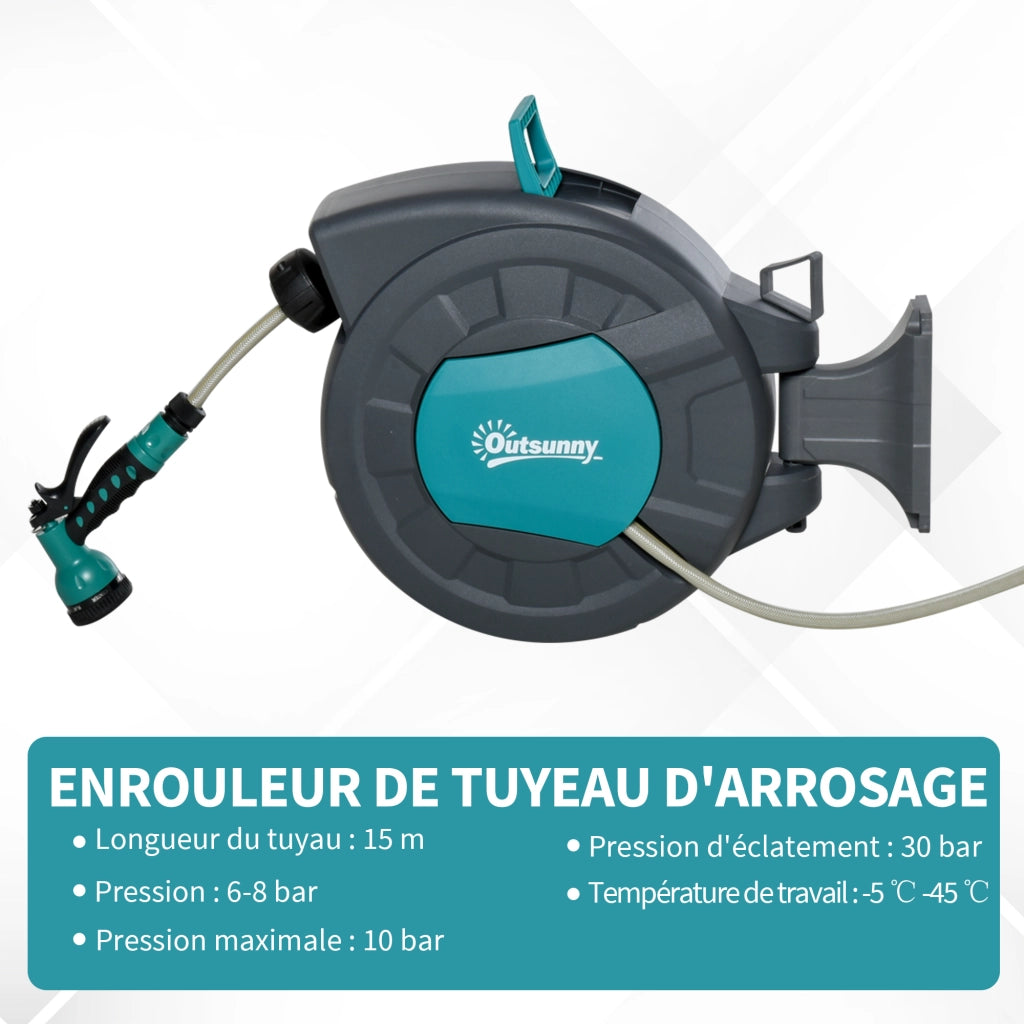Avvolgitubo automatico da giardino 15+1,4m ¨C Xylo ¨C pivotante 180¡ã con lancia e supporto a muro turchese grigio