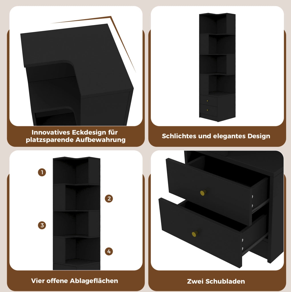 Libreria angolare a L nera con illuminazione LED e doppio cassetto