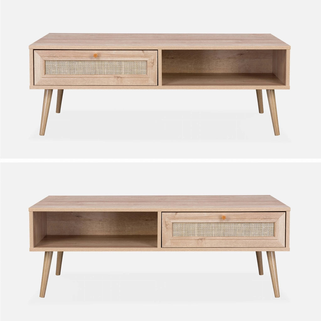 Tavolino scandinavo in vimini, 1 cassetto, marrone naturale