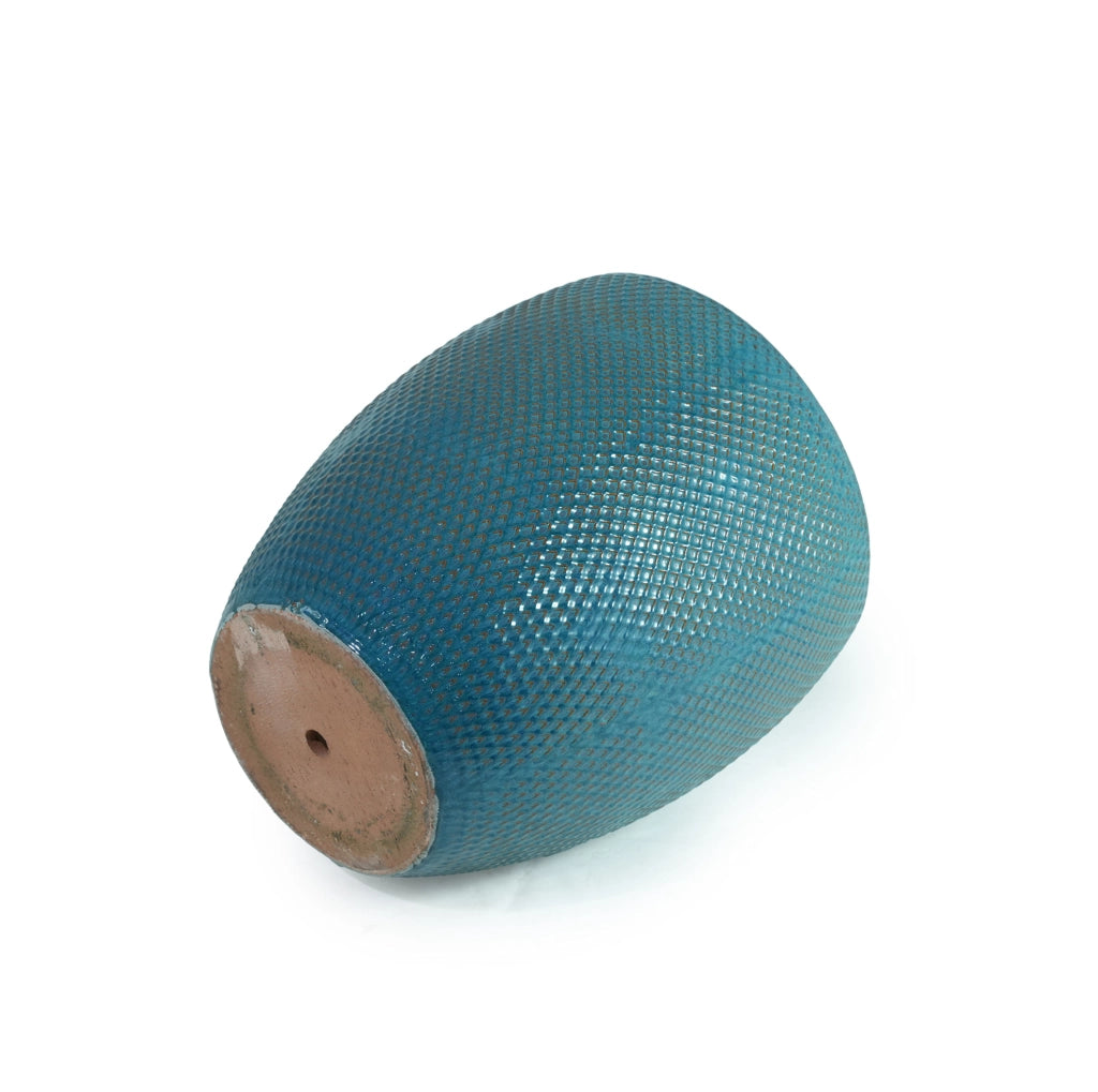 Vaso per piante grande in ceramica turchese diametro 46 cm con rilievo a rombi e drenaggio