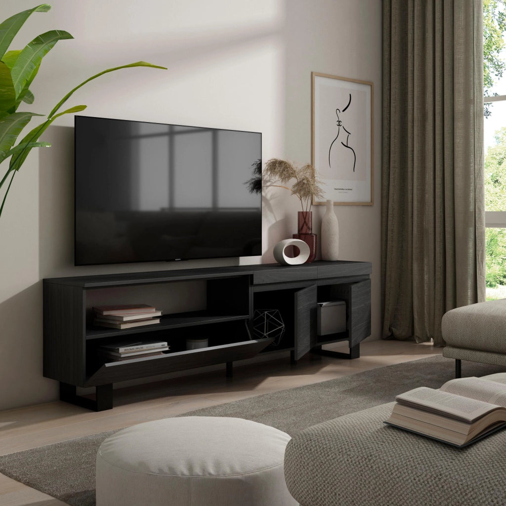 Mobile TV, 200x35x57cm, soggiorno, Per TV fino a 80", Design industriale, Nero RF2179
