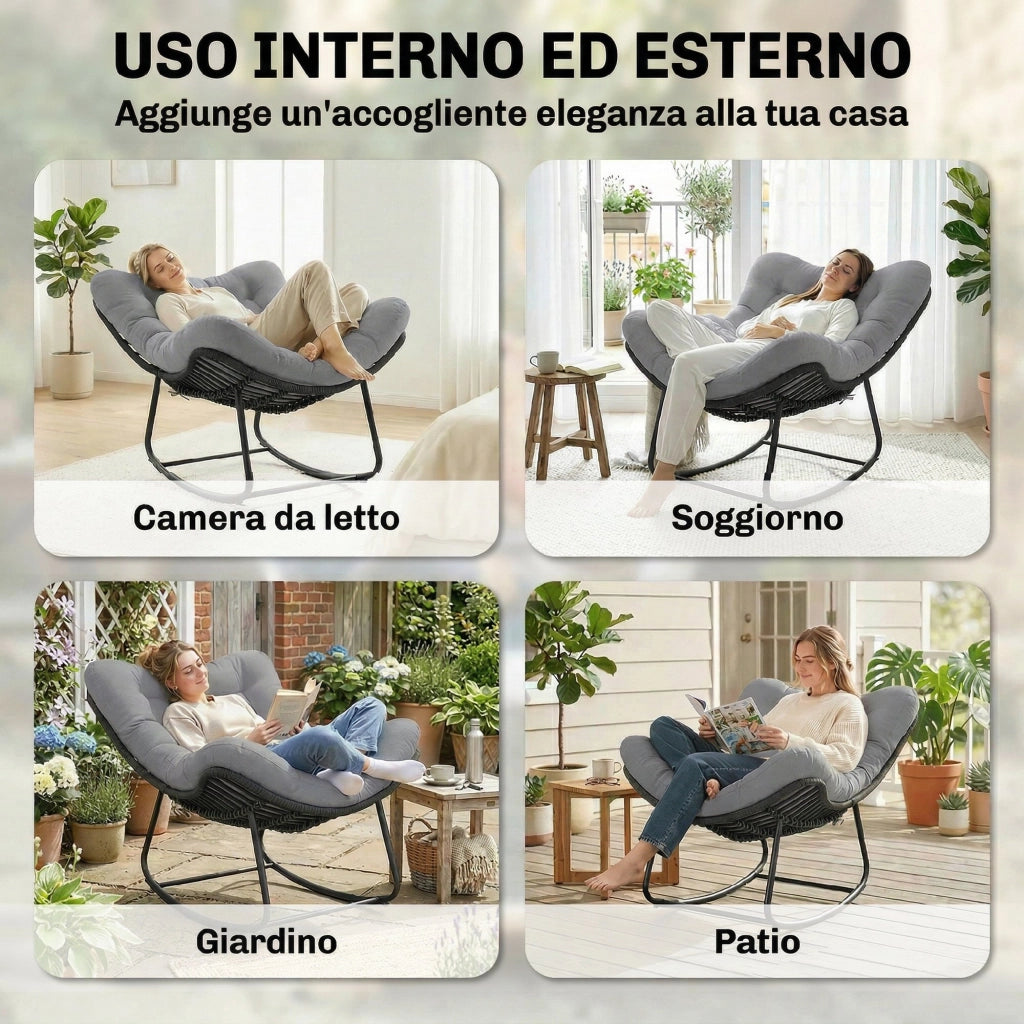 Sedia a Dondolo ¨C Zephmum ¨C Rattan Grigio Scuro con Cuscino