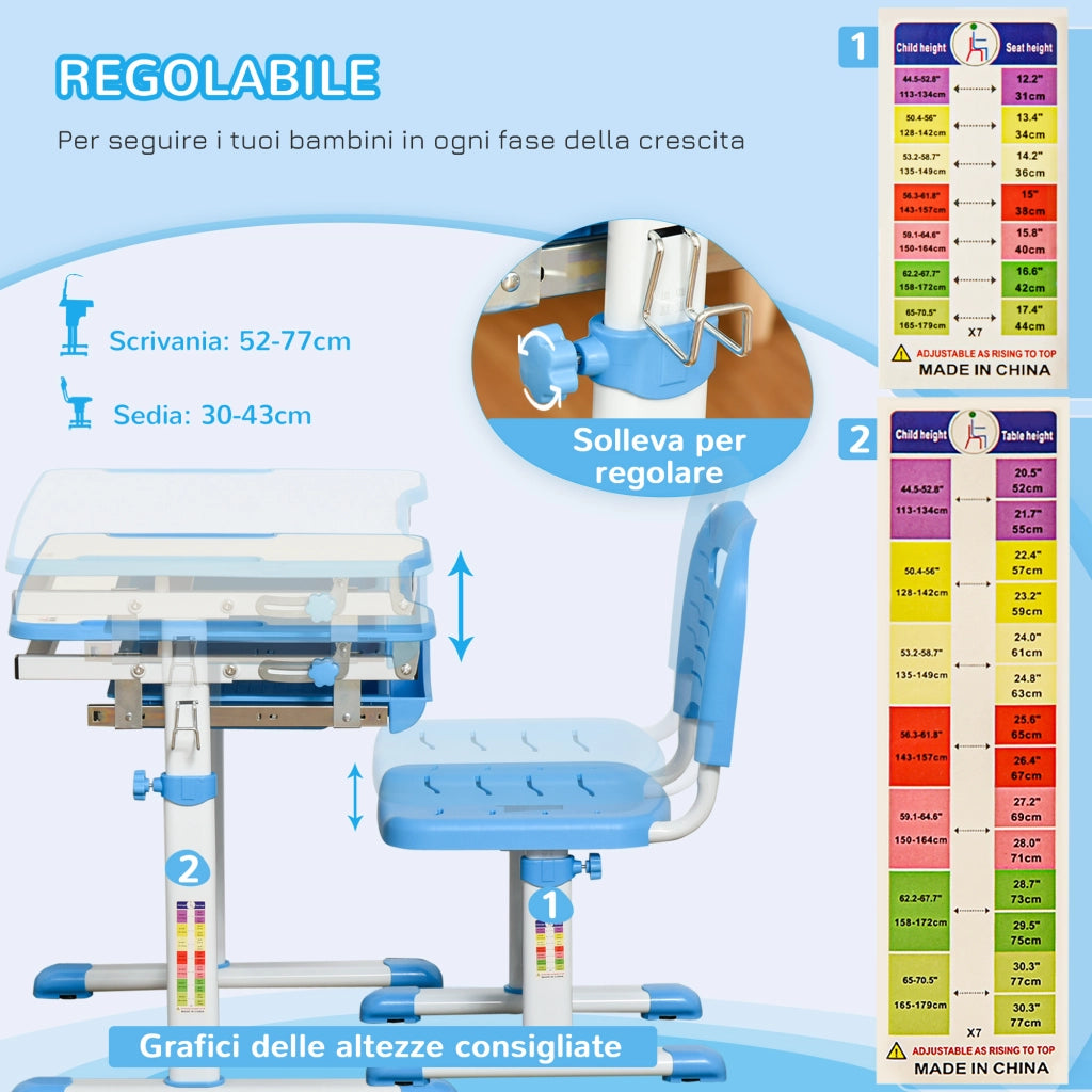 Scrivania per Bambini con Sedia Regolabile, Cassetto e Piano Inclinabile ¨C zephmum ¨C 66x47x52-77 cm, Blu