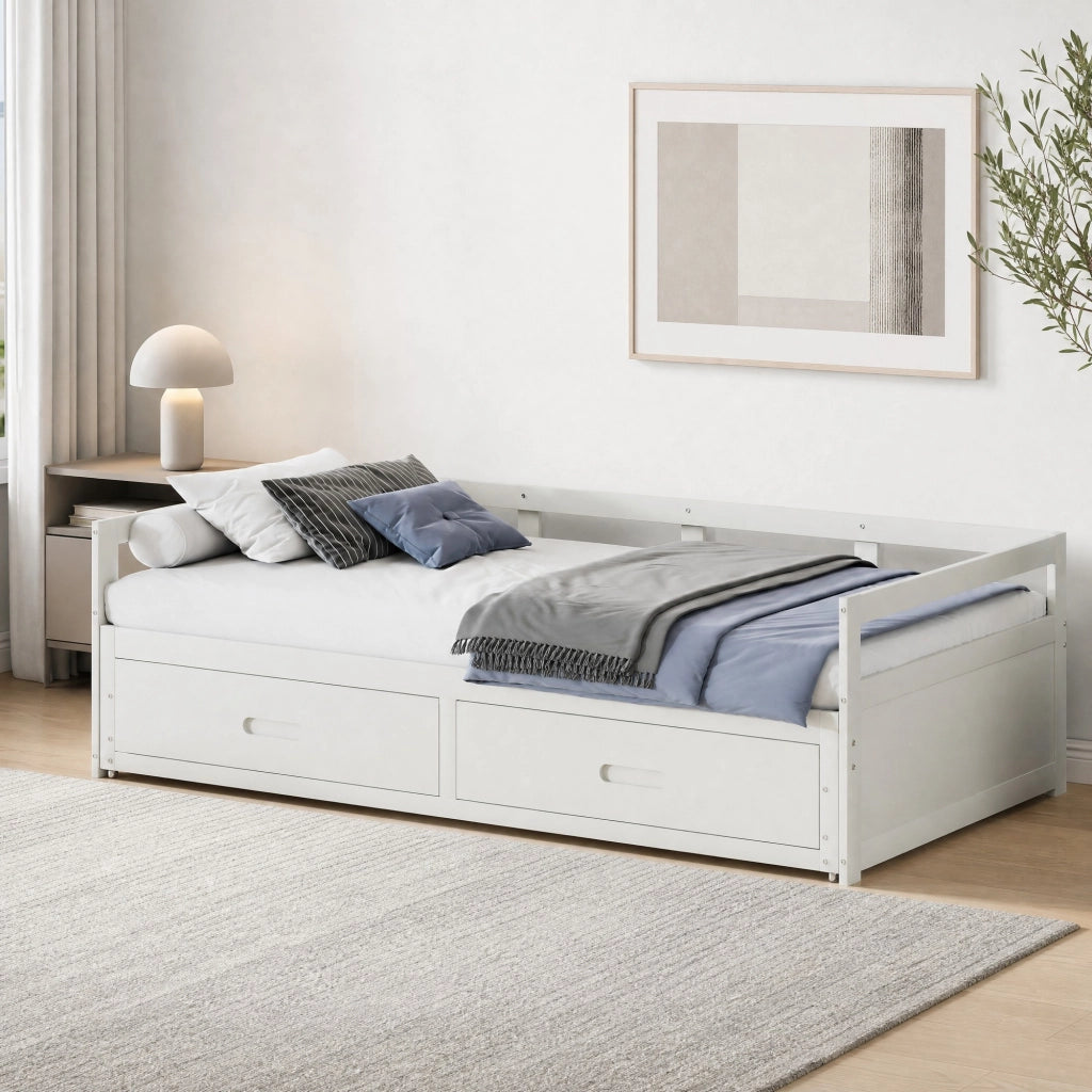 Divano letto estraibile 90/180x200 cm con 2 cassetti; in legno di pino