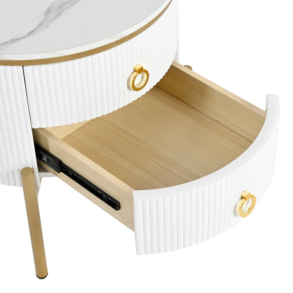 Tavolino da salotto con 2 Cassetti e Piedini Regolabili; Finitura Marmo per Soggiorno; in MDF; 50 × 50 × 51 cm; Bianco