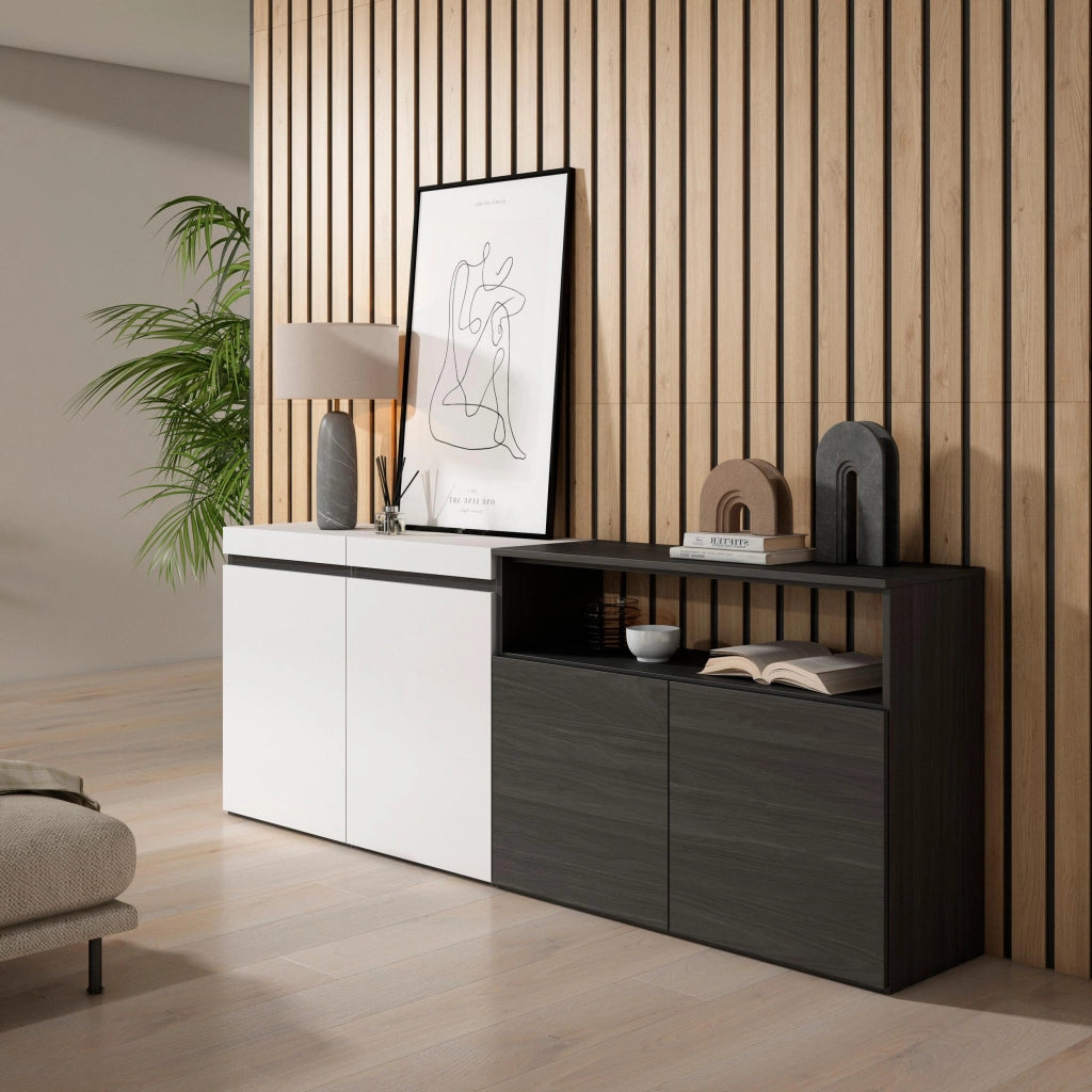 Credenza, Mobile, 200x35x75cm, 4 Porte, grande stoccaggio, Bianco e nero RF2403