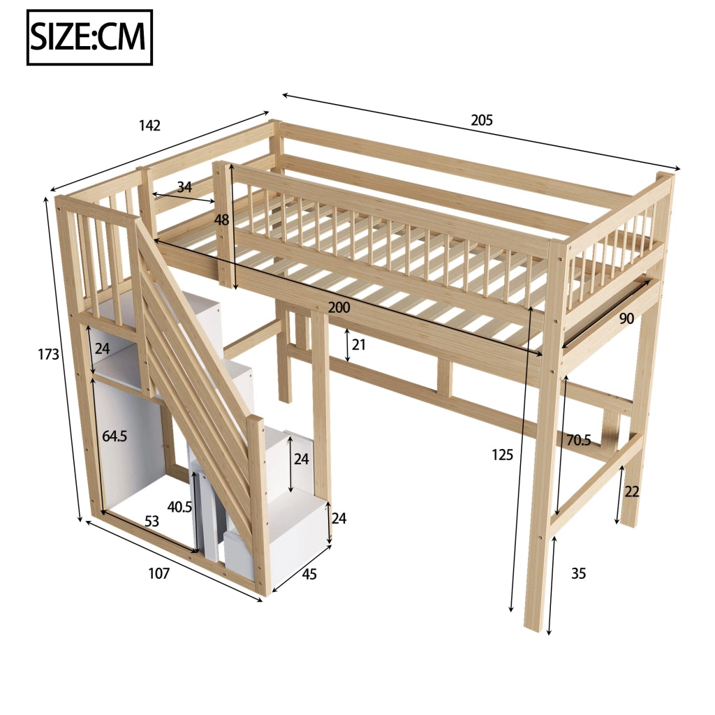Letto singolo in legno massello naturale con scala e contenitori integrati 90x200 cm