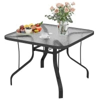 Tavolo da Giardino Quadrato a 4 Posti con Piano in Vetro e Foro per Ombrellone Ø54 mm, Nero