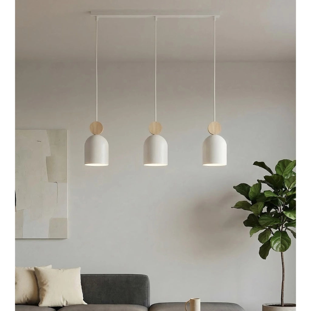 Lampada a sospensione MESI in acciaio bianco e legno naturale