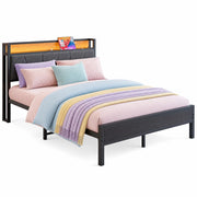 Letto matrimoniale 140×200 cm con LED; USB; testiera contenitore e rete; senza materasso; MDF e metallo; nero
