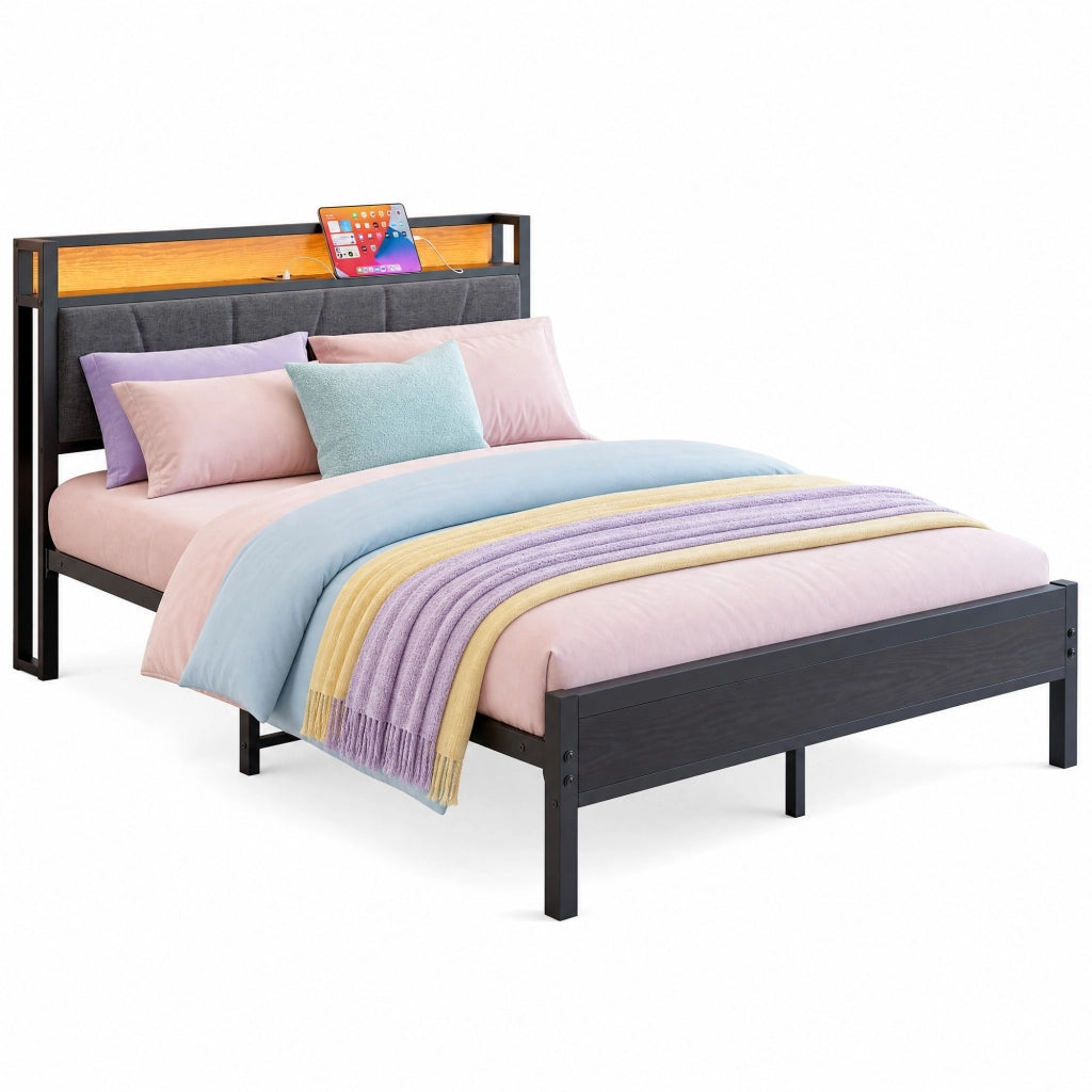 Letto matrimoniale 140×200 cm con LED; USB; testiera contenitore e rete; senza materasso; MDF e metallo; nero