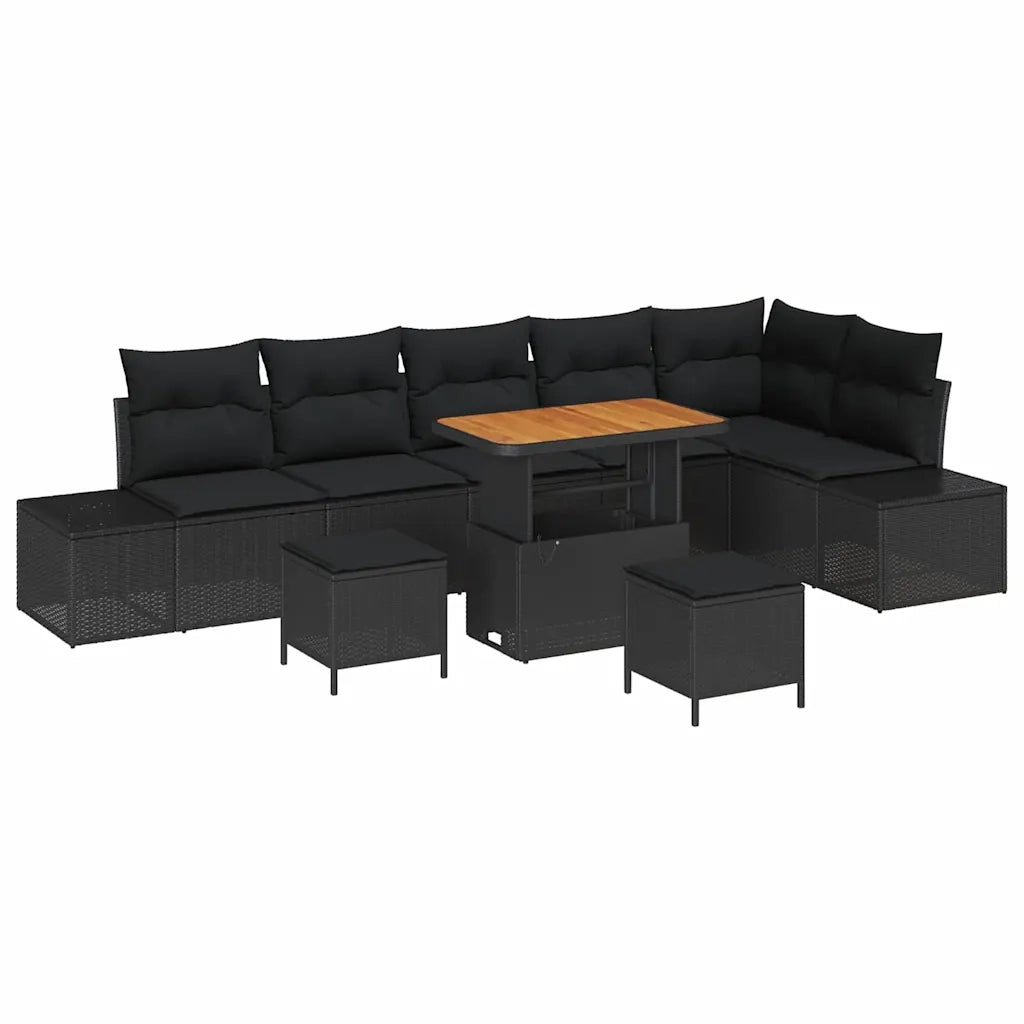 Set Divano da Giardino con cuscino 9 pcs Nero Poly Rattan