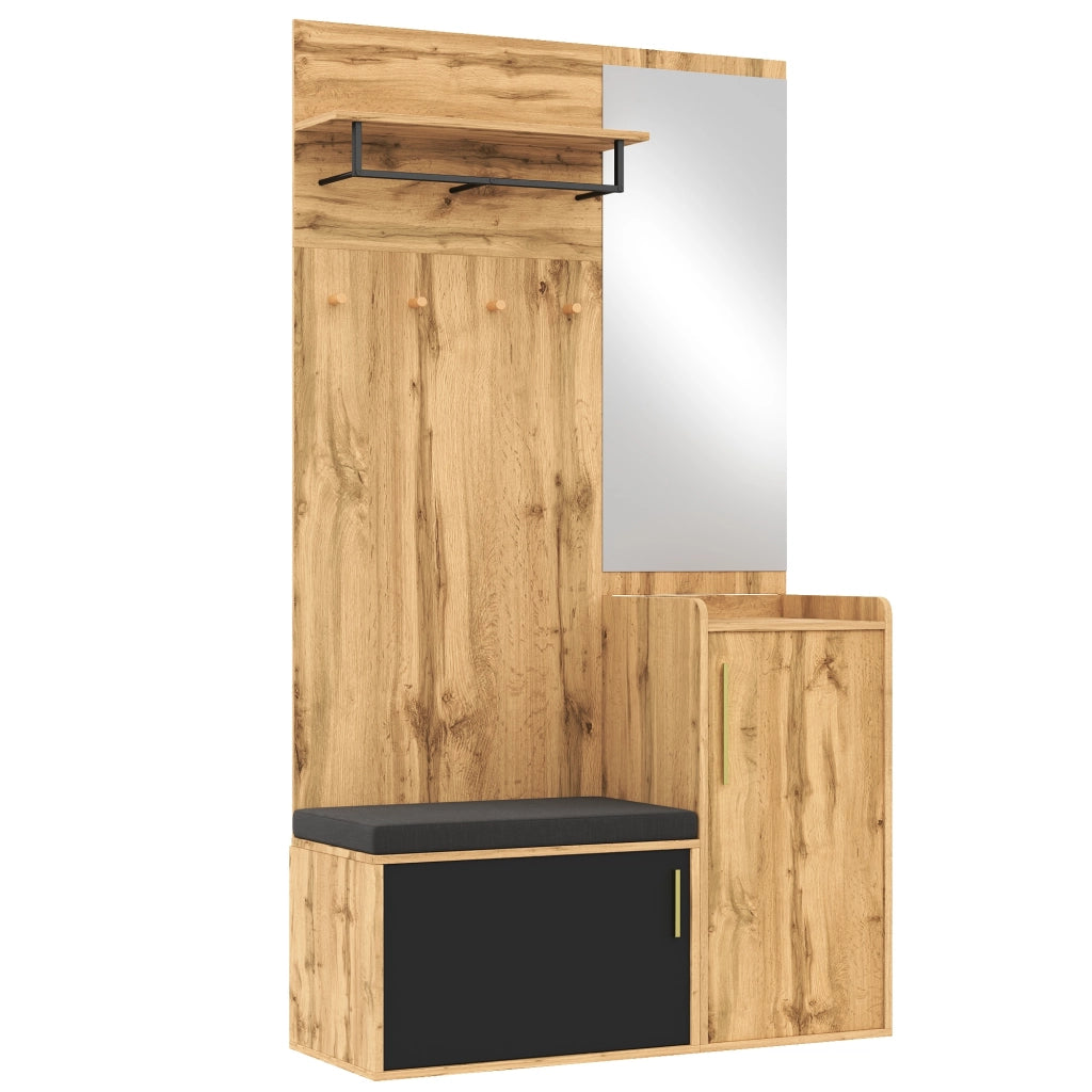 Set di Mobili da Ingresso con Specchio, Panca, Armadio e Scarpiera, in Truciolare Nero Naturale