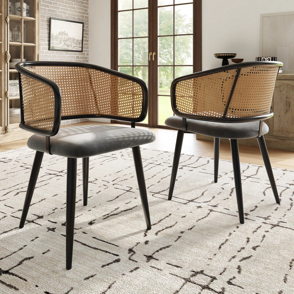 SEDIA da pranzo 47x51x79 cm in velluto grigio con schienale in rattan