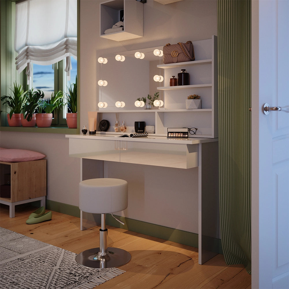 Vicco Tavolo da toeletta Bianco 120 cm con illuminazione a LED e sgabello