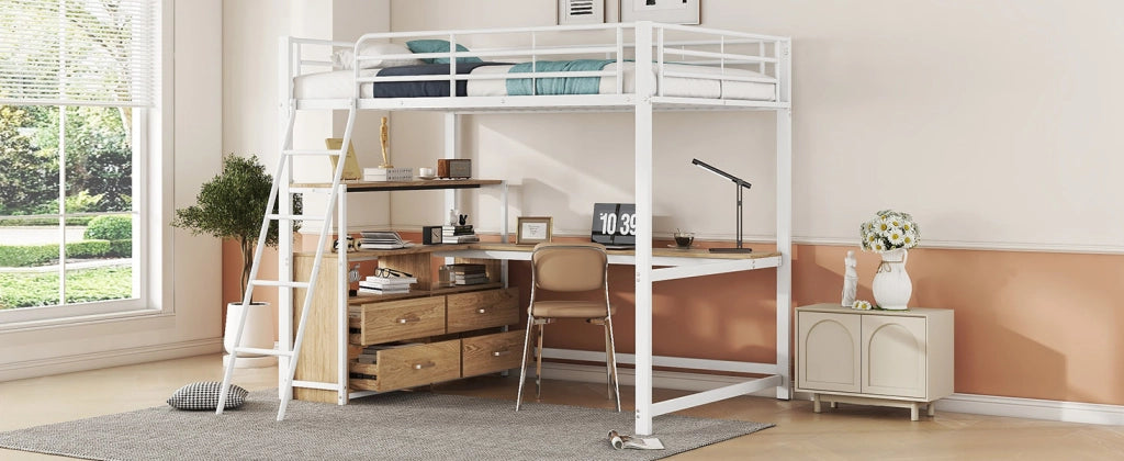 DESMIU Letto a soppalco 2 posti con 4 cassetti e scrivania a L, 140 × 200 cm, senza materasso, metallo e MDF, bianco