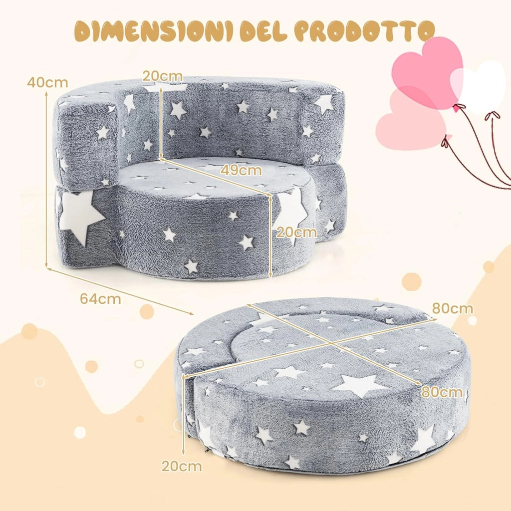 Divano Cuscino per Bambini Pieghevole 2 in 1, Poltrona Schienale Pieghevole per Bambini con Motivi Luminosi nel Buio, Divano Pieghevole per Camera da Letto e Soggiorno (Stella grigio)